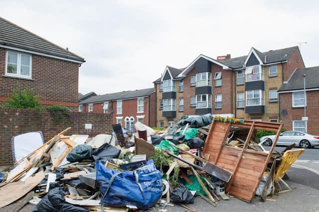 The rubbish in Sydenham Terrace, Fratton, with Lucknow Street in the background. Picture: Habibur Rahman