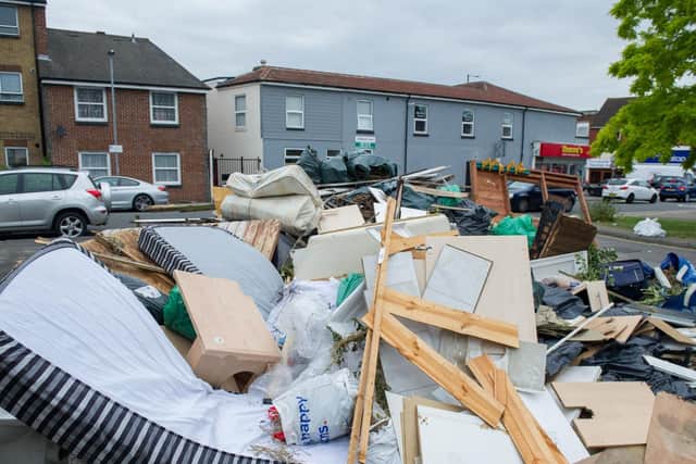 The rubbish in Sydenham Terrace, Fratton, with Lucknow Street and Fratton Road in the background. Picture: Habibur Rahman