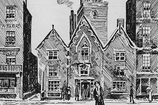A lithograph of the Three Tuns pub in 1891, showing how it would give way to St Thomass Church after demolition.