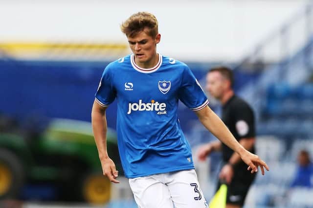 Joe Hancott on his Pompey debut in August 2017 - becoming the club's youngest post-war debutant. Picture: Joe Pepler