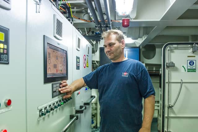 Andrezei Dobbowolski in the engine control room.