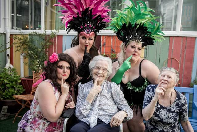 Burlesque girls Claire Deloo, Kelly Delay, Lindsey Oram with Bluewater residents, Beatrice Poole and Gillian Cooke at an LGBT Pride event held at the care home on Friday July 12. Picture: Habibur Rahman
