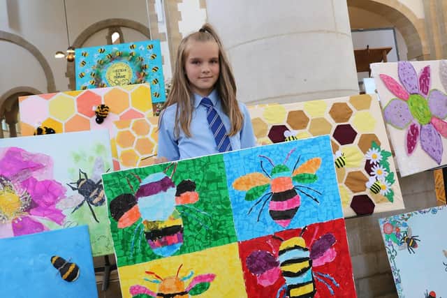 Each school brought a canvas, which they had decorated to signify the importance of bees, to the Leavers Service at Portsmouth Cathedral