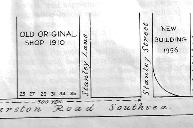 Part of a map showing the original shop on the corner of Stanley Lane and the premises used after the war until the new store opened in 1956.