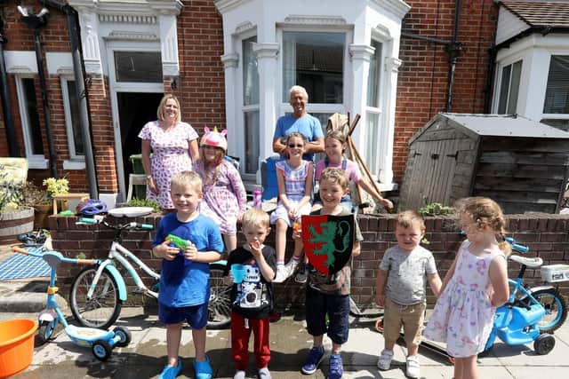 The Good, Paterson, Collins and Fox families as Francis Avenue, Portsmouth, became a play street. Picture: Chris Moorhouse (210719-57)