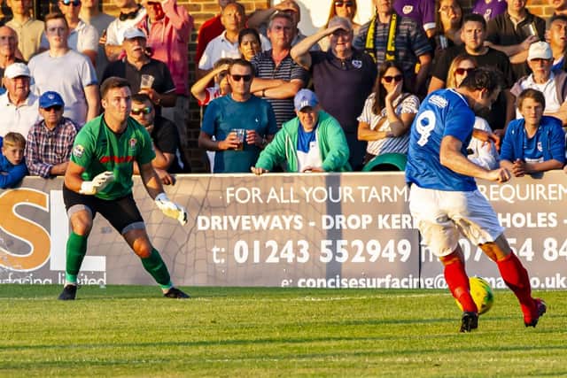 Brett Pitman scores against Bognor during pre-season. Picture: Tommy McMillan