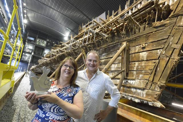 Mary Rose Museum chief executive Helen Bonser-Wilton and actor Hugh Bonneville. Picture: Ross Young Photography