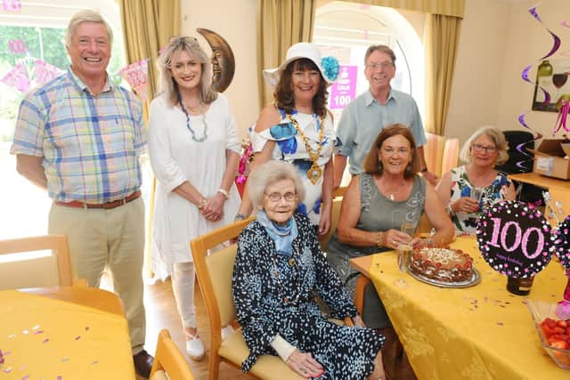 Pictured is front, from left, Stella Edmondson with her daughters Sue Wells and Carol Clayden. Back row, from left: son-in-law John Clayden, niece Louise Cardy, the Mayor of Gosport Kathleen Jones and son-in-law Jerry Wells. Picture: Sarah Standing.
