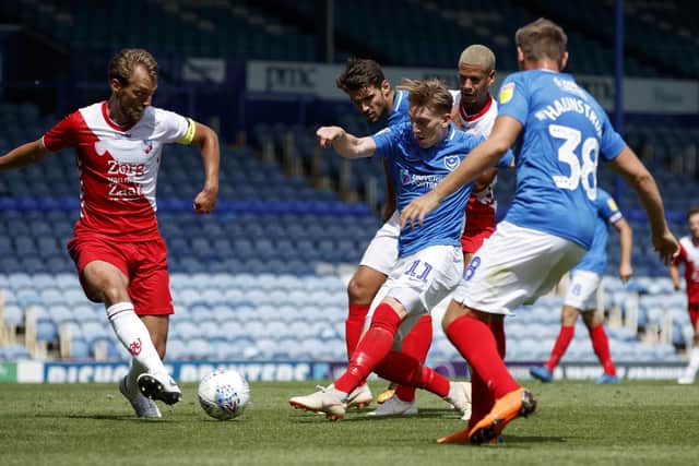 Ronan Curtis has a shot against FC Utrecht. Picture: Ben Queenborough