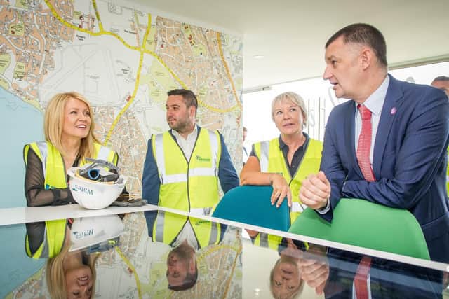 Pictured: Esther McVey with James Pennington executive director of Radian, Natalie Flint investment director at Wates Group and Nick Walkley chief executive of Homes England in the Wates office, Lee-on-Solent.
Picture: Habibur Rahman.