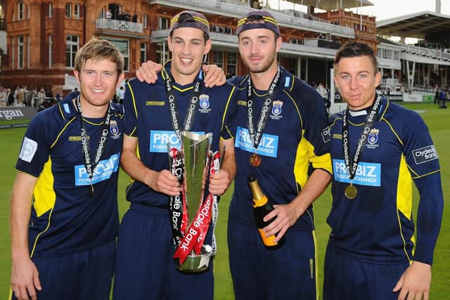 Michael Bates, right, celebrates Hampshire 2012 Clydesdale Bank 40 victory with fellow academy products Liam Dawson, Chris Wood and James Vince. Picture: Mike Hewitt/Getty Images