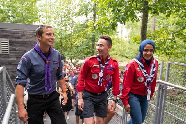 Chief Scout Bear Grylls kicked off the World Scout Jamboree with an opening ceremony where he propelled from the roof of the main stage. Picture: Martyn Milner
