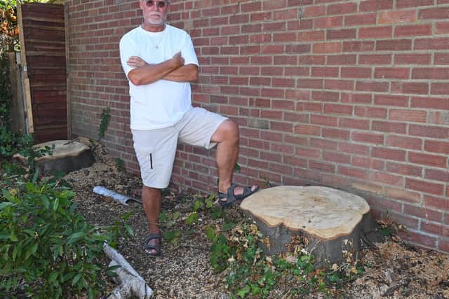 Trevor Lock, 64, with the huge beech stumps left inches from his garage after two trees were cut down by Havant Borough Council. Picture: Malcolm Wells (190724-4803)