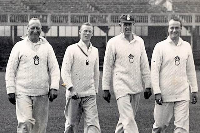 Phil Mead, left, pictured with Hampshire colleagues in 1936 at Trent Bridge