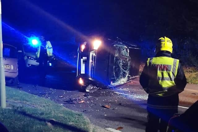 The vehicle was seen on its side in Prospect Lane following an accident last night. Picture: Louise Fry