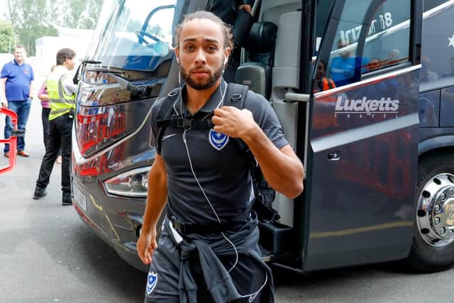 Pompey midfielder Marcus Harness (19) arrives at Greenhous Meadow, Shrewsbury, England on 3 August 2019.