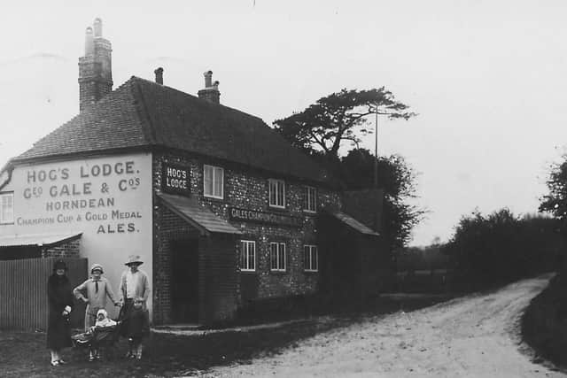 Here we see the Hog's Lodge pub on the corner of Petersfield Lane and Hog's Lodge Lane in the 1920s. Photo: Barry Cox postcard collection.