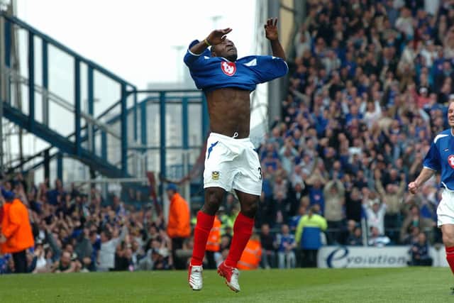 Lomana Lualua celebrates in arguably the most memorable south coast derby of the modern era in 2005. PICTURE:JONATHAN BRADY 051934-218