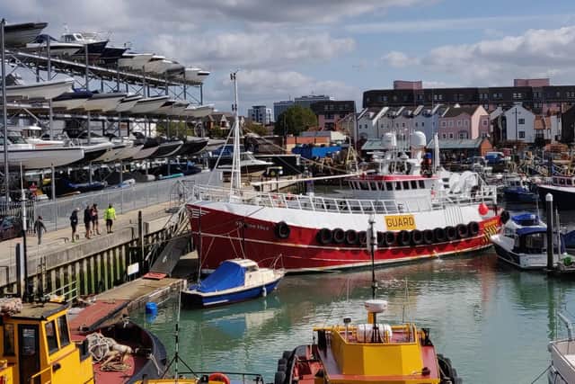 Red vessel the Sharon Vale can be seen smashing into a much smaller vessel with the name Rosina on the side and the gangway. Picture: @_pocket_rockets