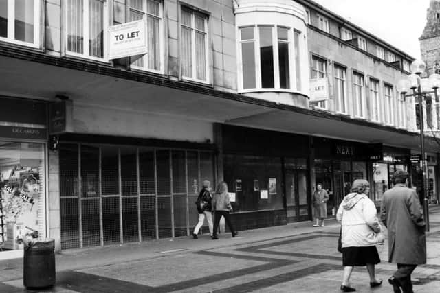 Empty shops in Palmerston Road in April 1993