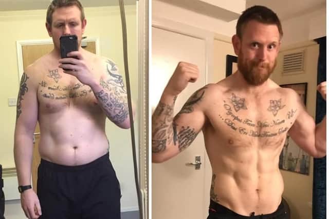 Dad bod to dad god - Dan Fallon pictured after losing 20kg of fat.