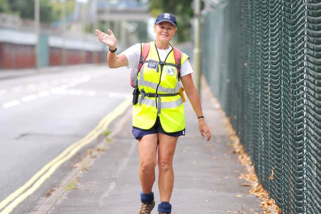 Jane Allen set off on the Victory Walk from Portsmouth in October 2017 to walk anti-clockwise around the coastline of mainland Britain in aid of the Royal Navy and Royal Marines Charity (RNRMC) and Womens Royal Naval Service Benevolent Trust (WRNS BT).  

Picture: Sarah Standing (030919-6283)