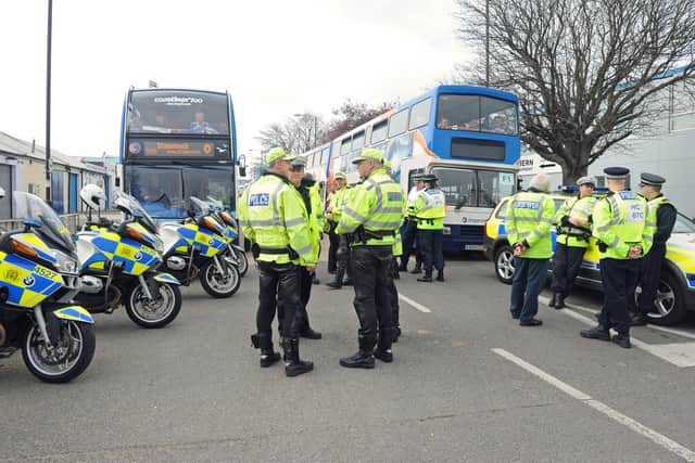 BUBBLE CONVOY The 33 buses left from Rodney Road, Portsmouth on April 7, 2012, to St Mary's Stadium in Southampton for the Pompey v Saints match. Picture: Sarah Standing (121241-6855)