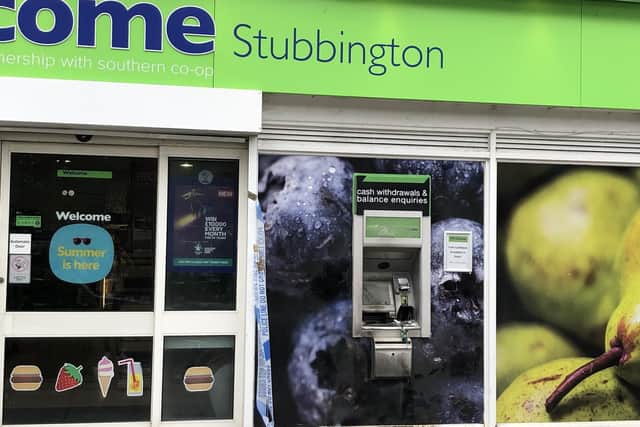 Criminals wearing white overalls with their faces masked doused a cash machine in petrol at the Welcome store in Cuckoo Lane in Stubbington at around 1.40am on September 9 before failing to blow it out of the wall. They then attacked it with a crowbar for 15 minutes but failed to get away with the machine. Pictured is the aftermath. Picture: Richard Lemmer