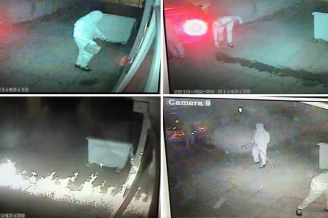 Criminals wearing white overalls with their faces masked doused a cash machine in petrol at the Welcome store in Cuckoo Lane in Stubbington at around 1.40am on September 9 before failing to blow it out of the wall. They then attacked it with a crowbar for 15 minutes but failed to get away with the machine. Picture: Courtesy of the Welcome Store Stubbington