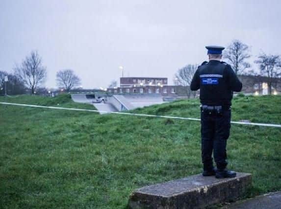 A police officer stands guard at the park after a 15-year-old boy was stabbed in March, 2019. Photo: Habibur Rahman.