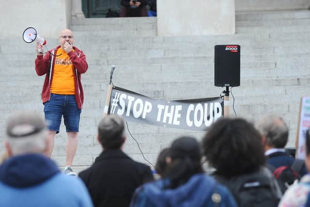 Protesters descend on Portsmouth on Tuesday, September 10, to protest the prorogation of parliament by prime minister Boris Johnson, which could lead to the UK leaving the EU without a deal.