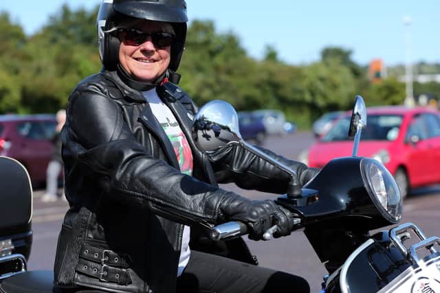 Vespa rally for Lorraine Marshall of Eastney, who is terminally ill. Lorraine is pictured at Sainbury's Farlington. Picture: Chris Moorhouse (180819-29)