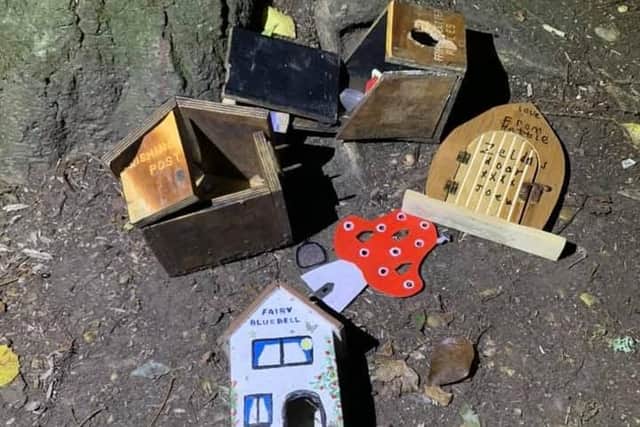 The damaged fairy boxes after the vandalism.