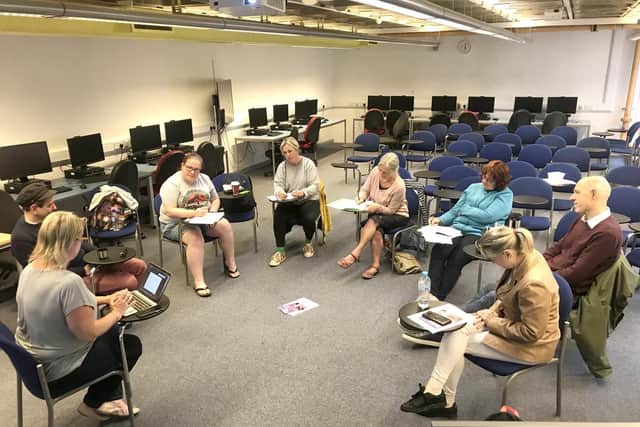The scriptwriters in a workshop with Matt Wingett at the University of Portsmouth. Picture: James Tobin.