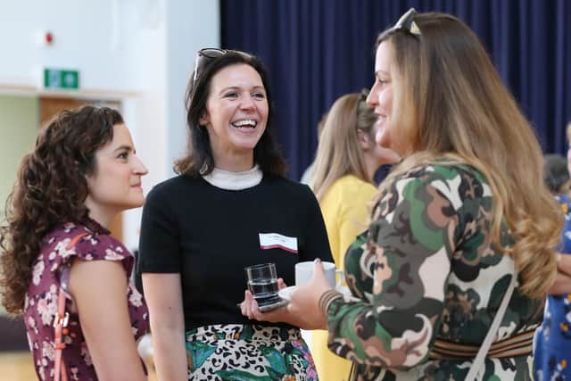 From left, Sarah Burrell, Emma Phillimore and Katie Wood, all from the class of 1999. Alumnae reunion, Portsmouth High School, Southsea. Picture: Chris Moorhouse     (140919-14)