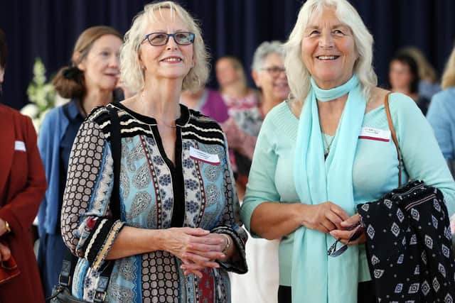Sharron Barnes, left, and Sue Signora. Alumnae reunion, Portsmouth High School, Southsea. Picture: Chris Moorhouse     (140919-16)