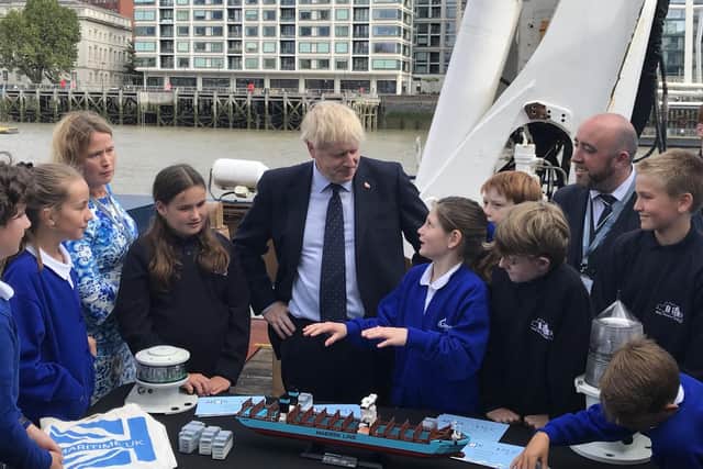 Pictured are pupils from Gomer Junior School and Bay House School, in Gosport, meeting the prime minister during a maritime careers event at the London International Shipping Week.