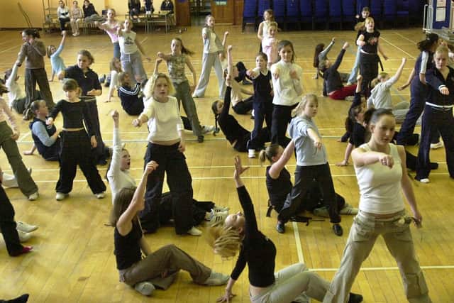 Students at Mayfield School rehearsing their routines for Rock Challenge event in 2003.