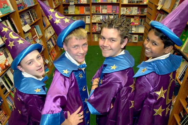 Pupils from Mayfield School in Portsmouth take their Harry Potter mannequins to Ottakers bookshop in Portsmouth (left to right), Paul Wright (14), Ollie Dowdeswell (14), Alan Todd (13), and Subir Uddin (14) in 2003.