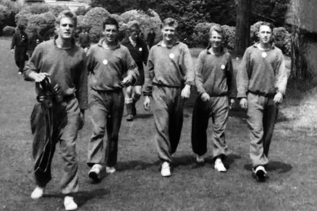 Pompey players in the 1960s. Left to right: Keith East, Barry Figgins, Vince Radcliffe, anon, Colin Crawford.