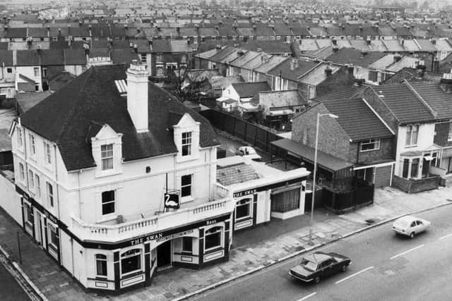 Aerial view of The Swan pub in Copnor Road in December 1979.
