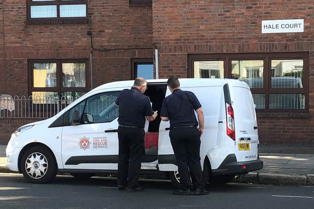 Investigators from Hampshire Fire and Rescue pictured outside Hale Court, in Fratton Road, Fratton, following a fatal blaze at a ground floor flat on Wednesday morning which claimed the life of a man in his 70s.