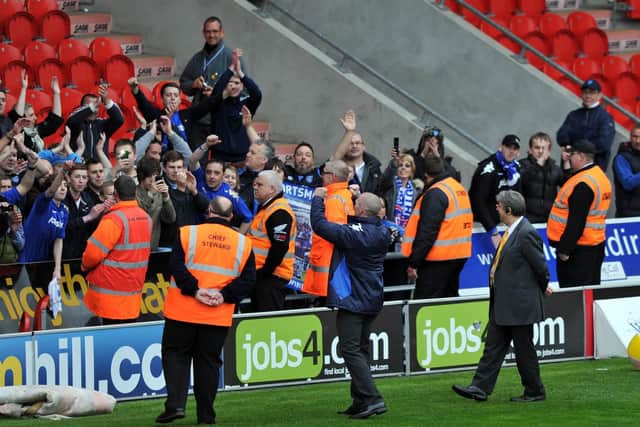 Michael Appleton applauds the travelling Pompey fans at Doncaster following a dramatic 4-3 victory in April 2012. Picture: Steve Reid