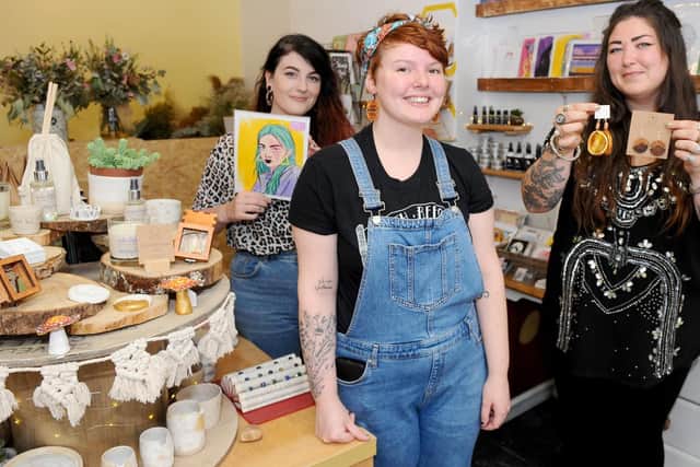 The Bee Hive will open it's doors tomorrow. Pictured is: (l-r) Alice Tucker, illustrator, Megan Green, co-owner of The Bee Hive and Roma Daly, illustrator. Picture: Sarah Standing (190919-6593)