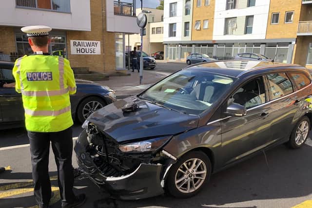 Police at the scene of a crash in Knowsley Road, Cosham, in Portsmouth at around 10am. Picture: Richard Lemmer