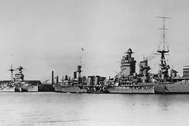 An amazing line-up of battleships, destroyers and cruisers in Portsmouth Dockyard.  Picture: Barry Cox postcard collection