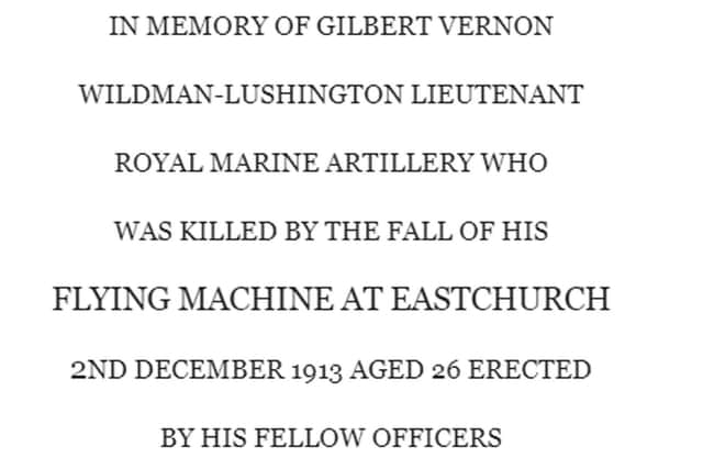 The epitaph to Lt. Lushington in the former St Andrews Church.