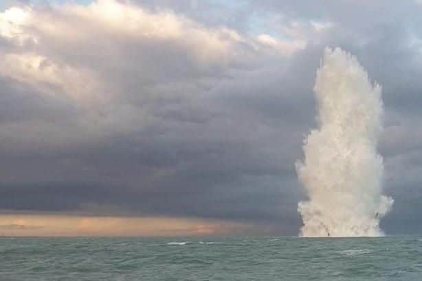 Portsmouth Royal Navy divers safely destroy a 987kg German Luftwaffe bomb found near the 17th century London shipwreck, near Southend. Picture: Royal Navy