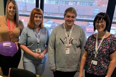 Kayleigh Reid, Connie Cassidy, Rhys Elvins and Lisa Mould from St Marys NHS Treatment Centre support Macmillans Big CoffeeMorning