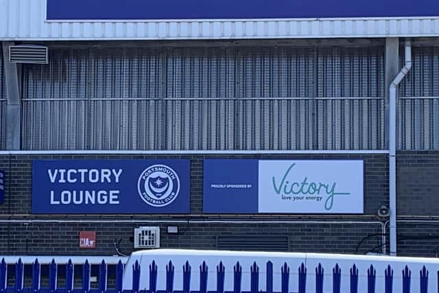 Defunct council-owned company Victory Energy sponsored Portsmouth Football Club in March 2018 in a three-year deal. A sign shown the now-closed public firm at Victory Lounge, Fratton Park, in Portsmouth.